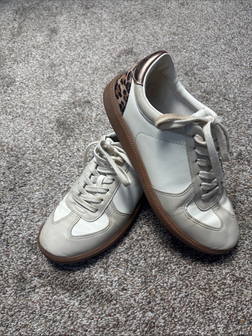 J. Crew Factory Cream Leather Sneakers with Leopard Heel Tab